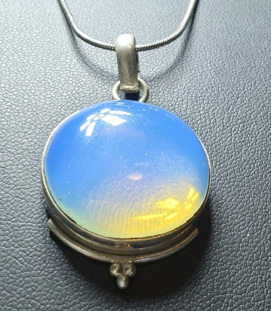 Vintage Opalite Pendant 925 Silver Snake Chain Necklace Round Bezel Setting 18″