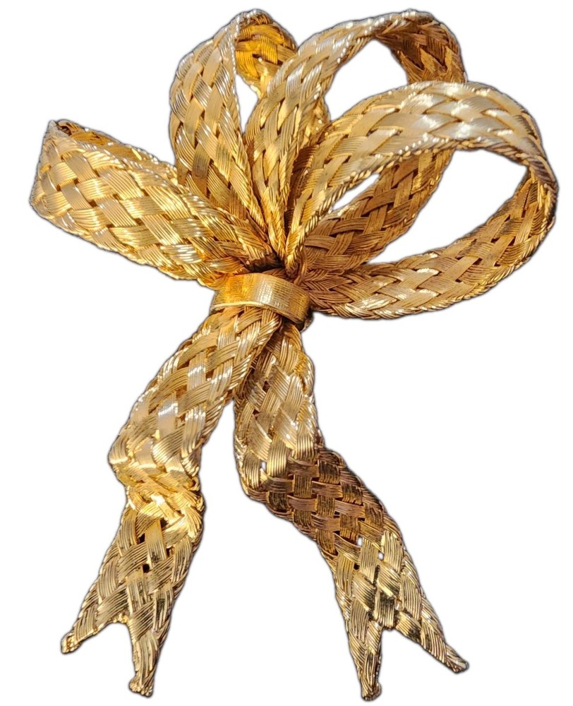 Vintage Les Bernard Signed Woven Gold Tone Bow Brooch Pin 3″ Statement Textured