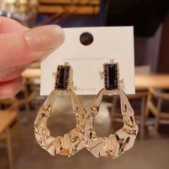 Gold Black Crystal Statement Earrings S925 Post Textured Teardrop Drop Earrings