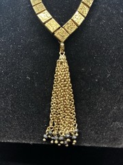⁠Vintage HOBE Gold Tone Necklace Block Links Tassel Drop Egyptian Modernist 70s⁠