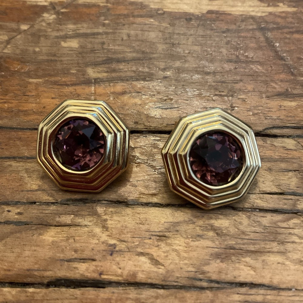 Vintage Signed Christian Dior Amethyst Color Gold Tone Clip Earrings Art Deco