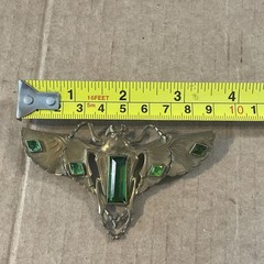 Art Nouveau Deco Egyptian Revival Winged Scarab Brass Green Stones Brooch Pin