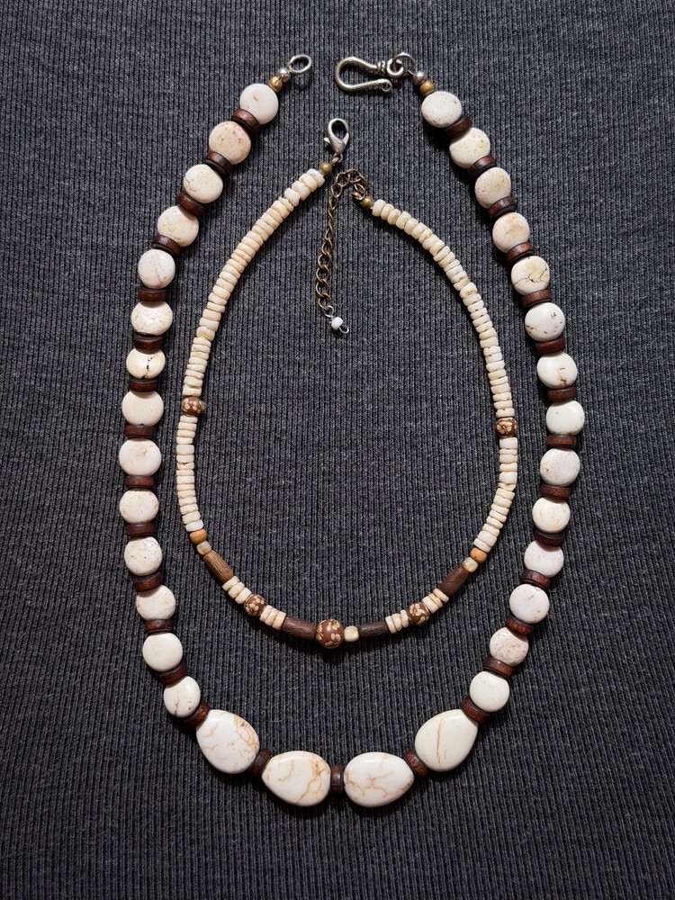Vintage Boho Genuine White Howlite & Natural Shell Layered Necklace Set