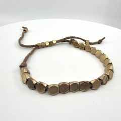 Boho Stackable Hexagon Brass Tone Bead Bracelet Adjustable Cord Earthy Gift Idea