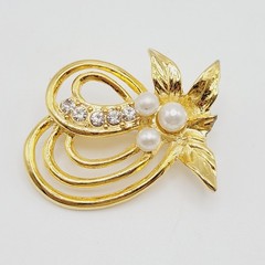 Heart Modernist Abstract Faux Pearl Rhinestone Open Metal Gold Tone Brooch Pin