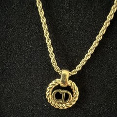 Vintage Christian Dior Gold Tone CD Logo Twisted Rope Pendant Necklace 16-18 In