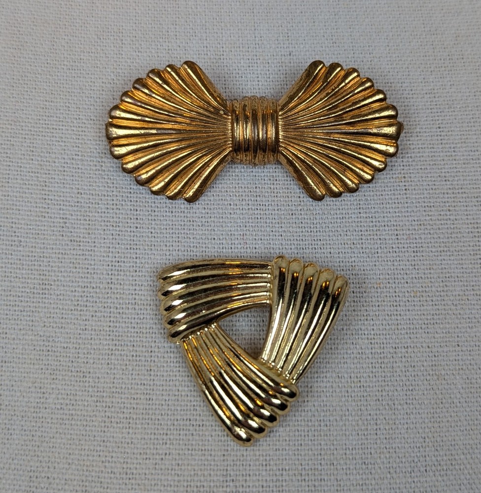 Two Vintage Brooch Pins 1 Bow 1950s Brass 1 1970s Triangle Goldtone