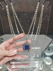 Double chain Necklace faux lapis c.1970 Sarah Coventry silver tone Roman Holiday