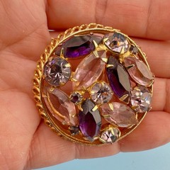 Vintage Rhinestone Brooch Round Pink Purple Marquise Stones Open Back Gold Tone