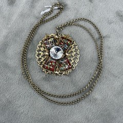 Vintage Necklace Gold Tone Foiled Art Glass 23”