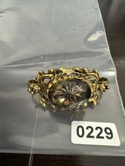 Vintage Scarf Clip Mid Century BOHO 60s Hinged Glass Cabochon Gold Tone Etched