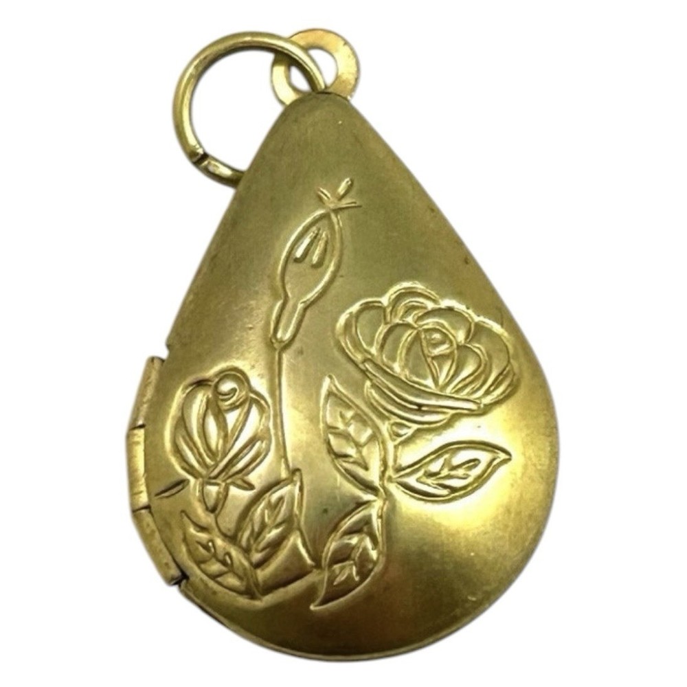 Vintage Raw Brass Filigree Rose Teardrop Locket Pendant, 24mm x 20mm, Deadstock