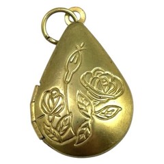 Vintage Raw Brass Filigree Rose Teardrop Locket Pendant, 24mm x 20mm, Deadstock