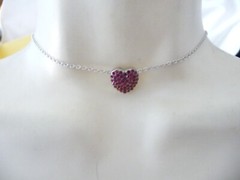 CHOKER SILVER TONE HEART w RED RHINESTONES SILVER TONE CHAIN NECKLACE #23/5A