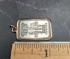 Vtg 1970s-1980s Simmons 2 Gr .999 Fine Silver Bar Pendant in Gold Tone Bezel