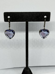 Vintage Upcycled Bi Color Blue & Amethyst Heart Shaped Glass Leverback Earrings