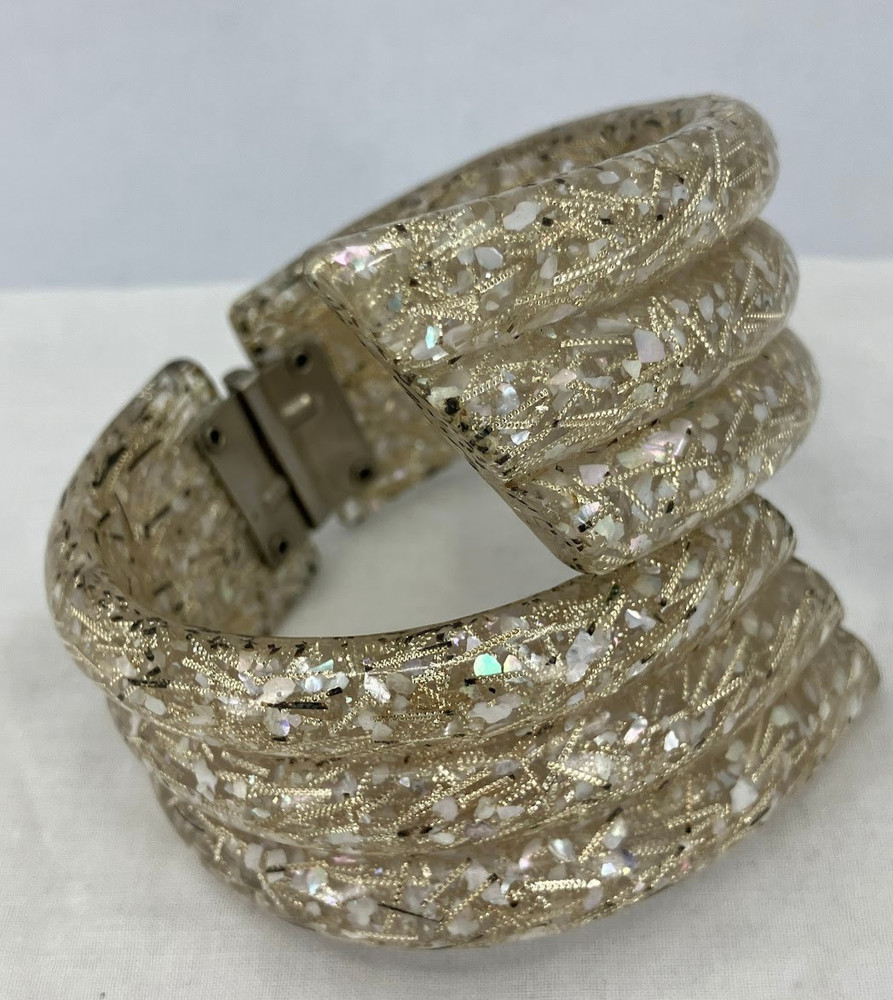Vintage Lucite Confetti Bracelet Gold White Wide Bypass Clamper