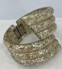 Vintage Lucite Confetti Bracelet Gold White Wide Bypass Clamper