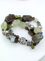 SAKI SILVER Bracelet Labradorite Chalcedony Beaded Multi Strand Gemstone