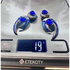 Andrée Bazot Paris Enamel Cuff Bracelet Earrings Blue Poured Glass Demi Parure