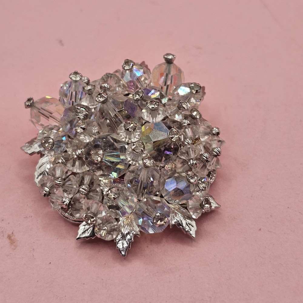 Vintage Signed Vendome Aurora Borealis AB Crystal Rhinestone Flower Brooch Pin