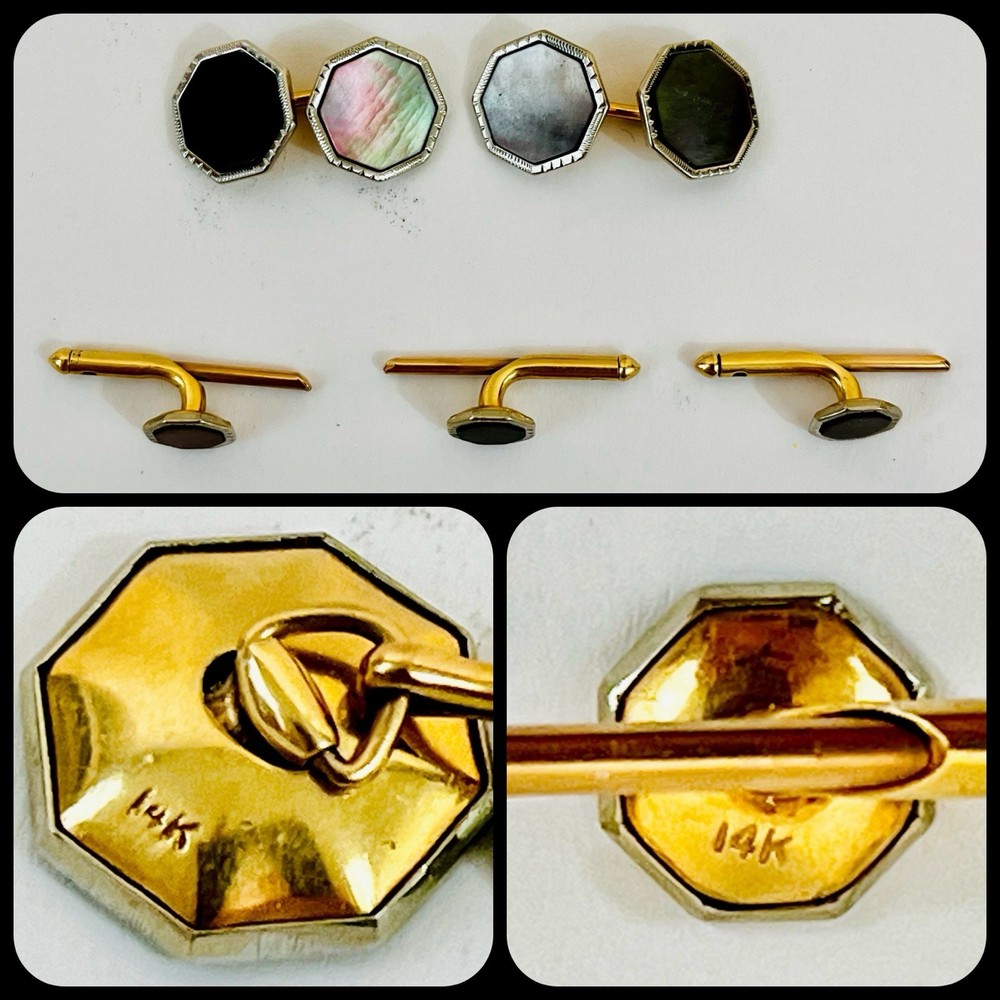 Vintage Antique Pair of Octagon MOP 14K Gold Cuff Links + 3 Shirt Studs 14K Gold