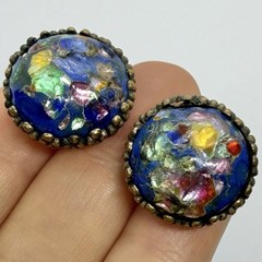 Vtg Old Confetti Glass Blue Foil Cabochon Brass Huggie Chunky Earrings Clip-on