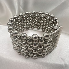 Vintage 90s Silver Tone Multi Row Bead Clear Glass Wide Cuff Statement Bracelet