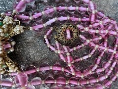Early Miriam Haskell 3 Strand Pink Glass Filigree Wired Beads Festoon Necklace
