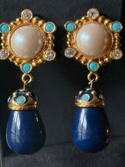 Jose Barrera Faux Pearl, Crystal & Resin Brooch/Pendant&Earrings BLUE