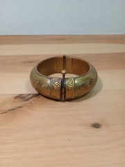 Vintage hinged brass bangle bracelet with etchings/ pin closure Morocco Or India