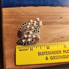 Vtg Abstract Brooch Faux Pearl Green Rhinestone Silver Toned Bouquet Art Beauty