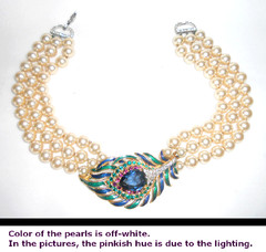 Vtg Signed JOMAZ 3 STRAND fauxPEARL NECKLACE Peacock Feather motif/Faux Sapphire