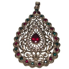 Vintage Teardrop Pendant Red Green Clear Stones Gold Tone Filigree Design Women