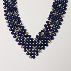 Navy Blue & Gold Beaded Bib Necklace Woven Statement Collar V-Shape Vintage