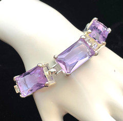 Amethyst Color Glass Bracelet Light Purple Crystal Stones Silver Tone Metal 7.5″