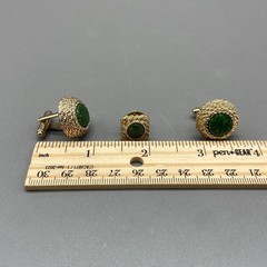 Vintage Dante Cufflinks Tie Pin Set Green Stone Gold Tone Round Bullet Back
