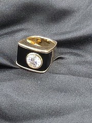 Vintage Sterling Silver 925 Gold on Huge Black Enamel CZ Statement Ring 9.5