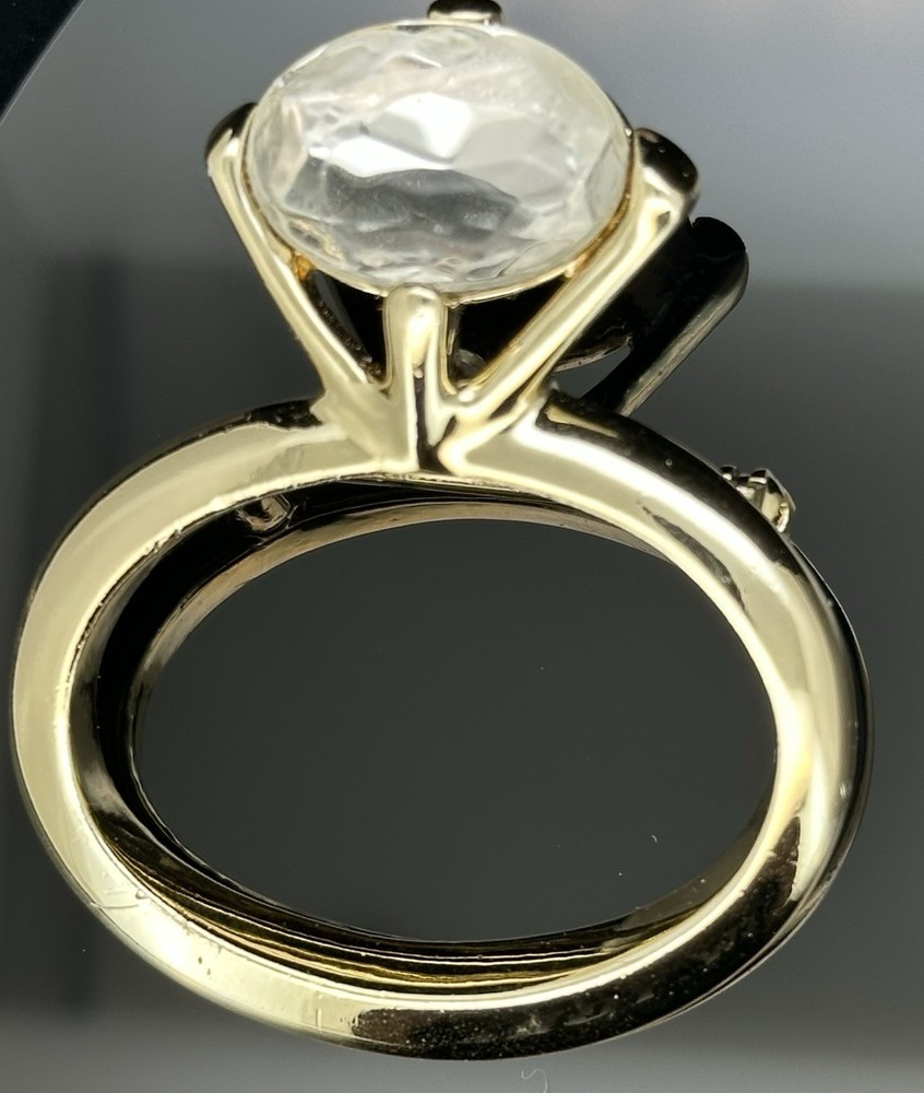 Large Engagement Ring Brooch Pin Gold Tone Faux Diamond Romantic Wedding Vintage
