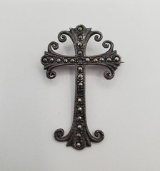 925 Marcasite Cross Brooch Pendant 1.75in Sterling Silver w Patina VTG FLAW