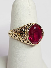 Beautiful 13.9-14k Gold Filigree Style Pierced 4.00ct. Lab Ruby Ring Sz 9.5
