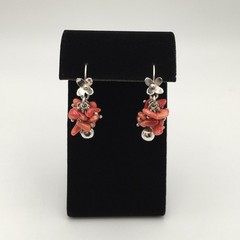 Vintage Sterling Silver Red Orange Coral Flower Hook Dangle Earrings 8.9g #97
