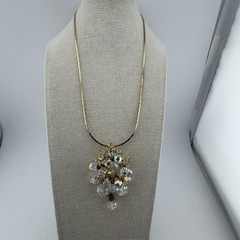 Vintage AB Glass Crystal & Clear Rhinestone Dangle Pendant Brooch &Gold Necklace