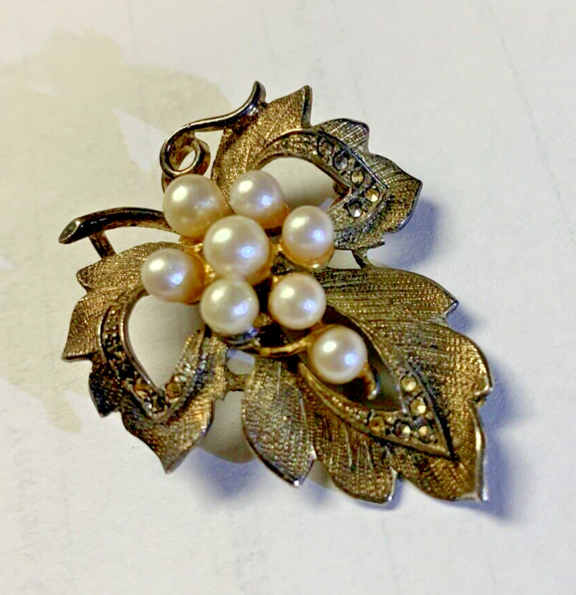 Sterling Silver Gold Vermeil Pearl Marcasite Leaf Pin Brooch Signed CREED 10.8g
