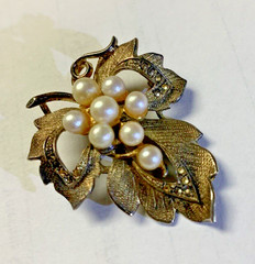 Sterling Silver Gold Vermeil Pearl Marcasite Leaf Pin Brooch Signed CREED 10.8g