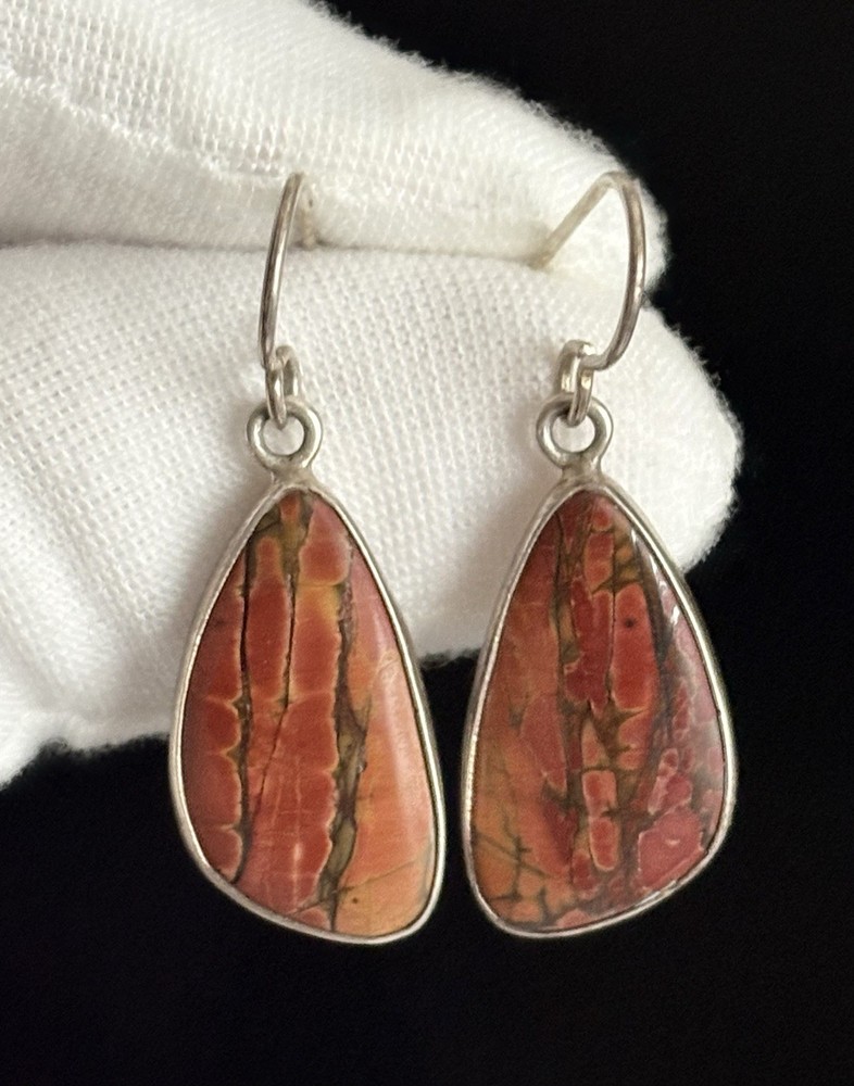 VINTAGE 925 STERLING SILVER RED CREEK JASPER DROP DANGLE 1.50” EARRINGS 5.90g