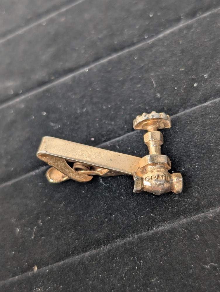 Vintage Mercury Industries Crane Valve Pipe Advertising Tie Bar Clip Gold Tone