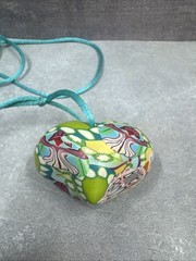Vintage Billie Beads Hand Crafted Polymer Clay Heart Love Pendant on Silk Cord