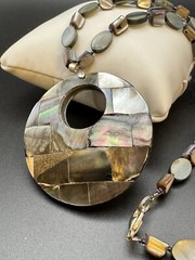 Vintage Mother Of Pearl & Abalone Coin Necklace With Large Shell Pendant