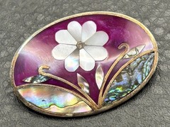 Vintage Alpaca Mexico Mother of Pearl Abalone Flower Floral Brooch Pin Pendant